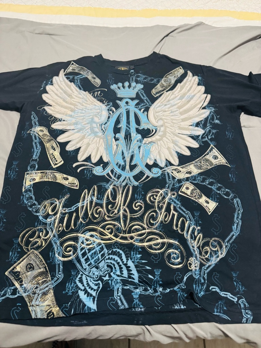 Christian Audigier Black Tee with Blue and White Crest Graphic